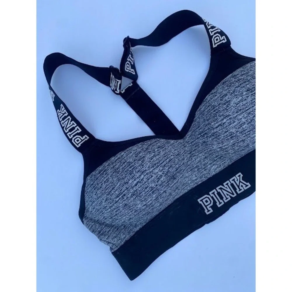 Victoria's Secret PINK Gray Black Space Dye Logo Strap Sports Bra‎ Small